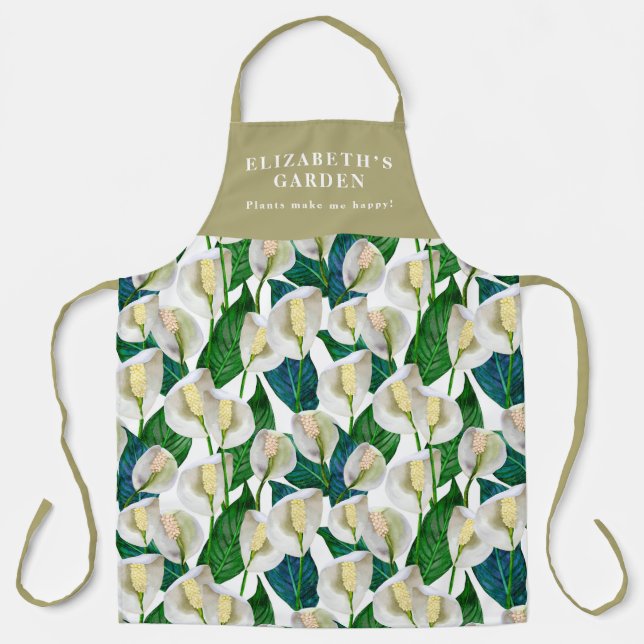 White Peace Lily Pattern Apron (Front)
