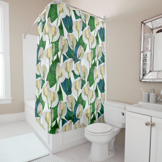 White Peace Lily Pattern Shower Curtain (In Situ)