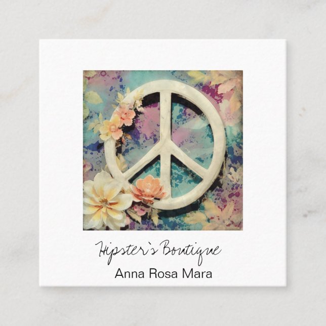 *~* White Peace Sign Flowers Grunge Boho AP57 QR Square Business Card (Front)