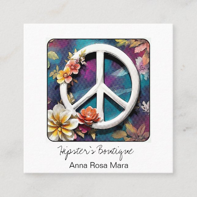 *~* White Peace Sign Flowers Grunge Boho QR AP57 Square Business Card (Front)