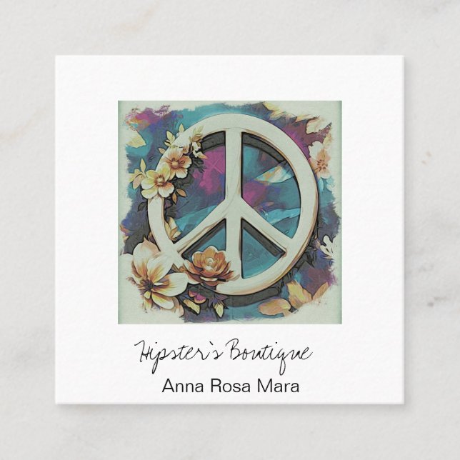 *~* White Peace Sign Flowers Grunge QR Boho AP57 Square Business Card (Front)