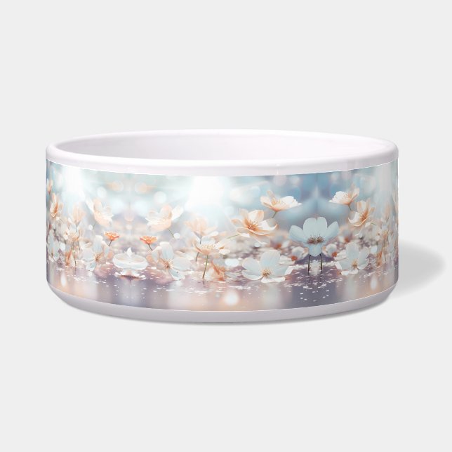 White Peach Floral Ceramic Pet Bowl (Front)