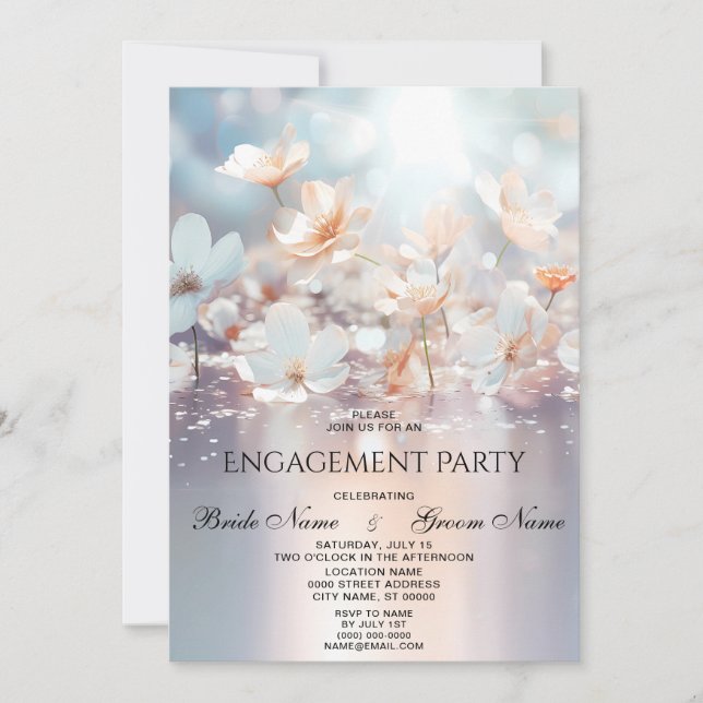 White Peach Floral Engagement Invitation (Front)