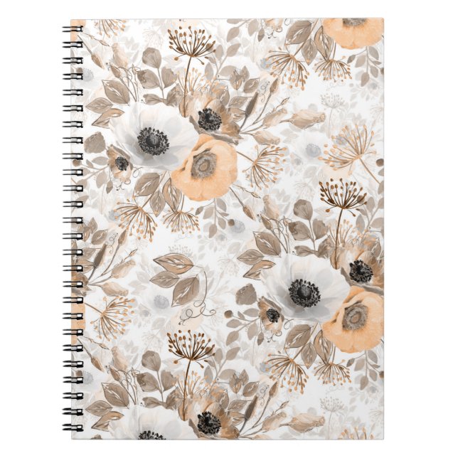 White, peach flowers, elegant notebook (Front)