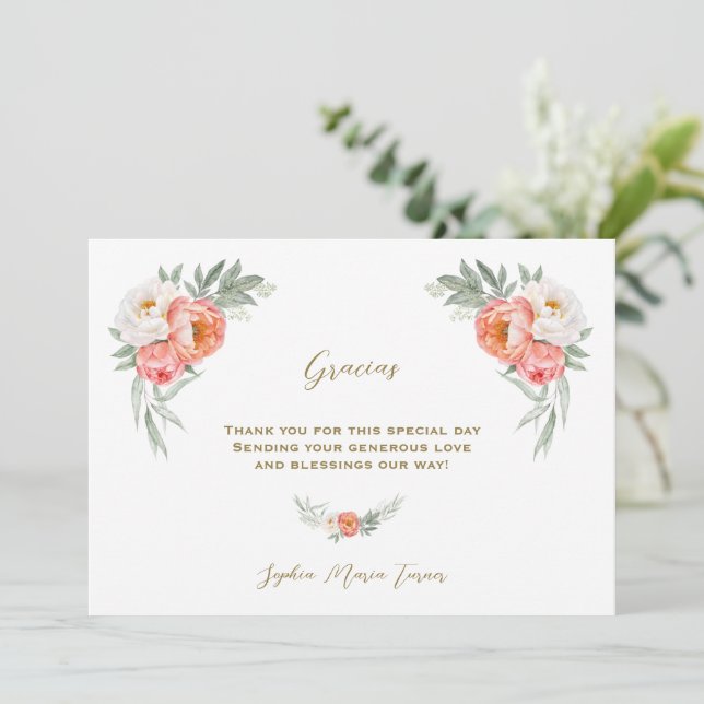 White Peach Flowers Spanish Gracias Baby Shower   Thank You Card (Standing Front)