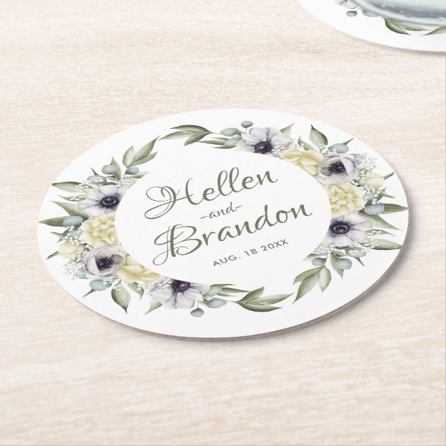 White & Peach Shabby-chic Flowers Round Paper Coaster (Angled)
