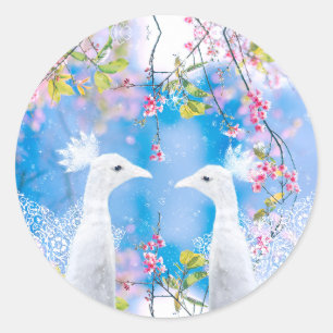 White peacock and blooming sakura / Romantic love  Classic Round Sticker