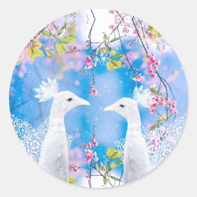 White peacock and blooming sakura / Romantic love  Classic Round Sticker (Front)