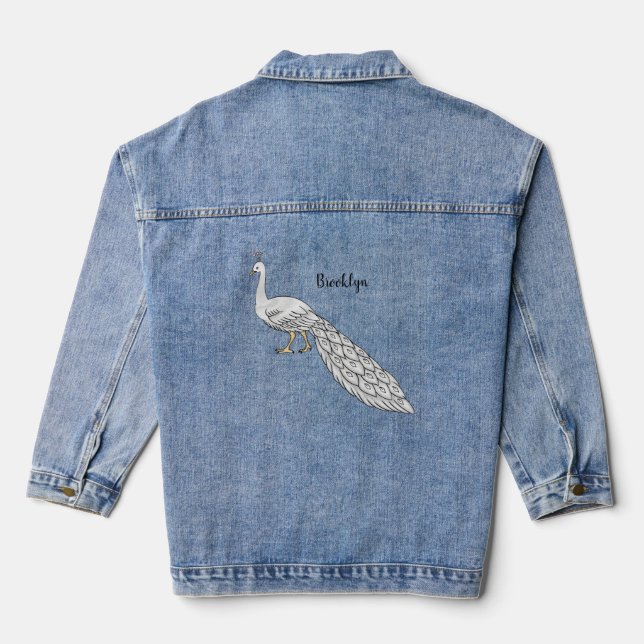 White peacock bird cartoon illustration denim jacket (Back)