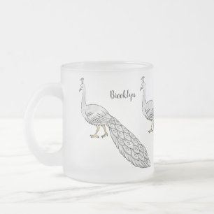 White peacock bird cartoon illustration frosted glass coffee mug