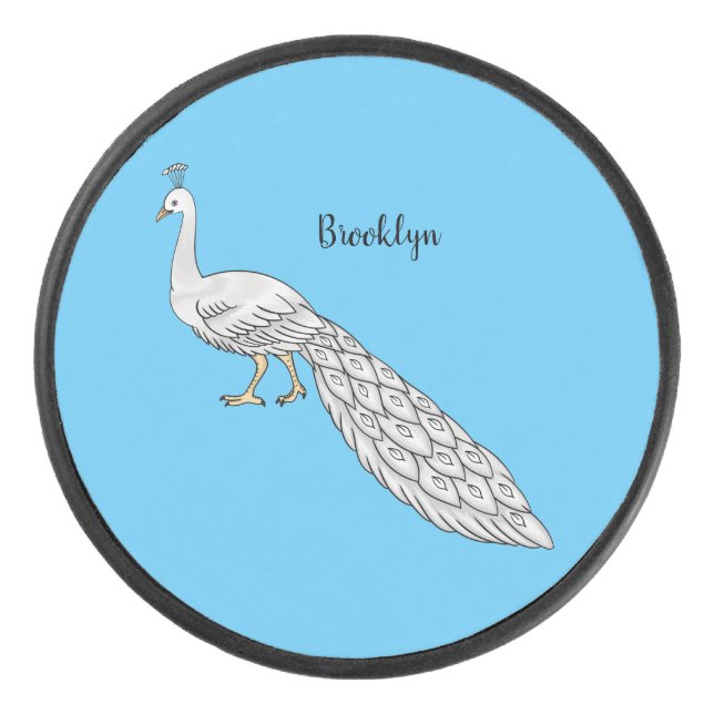 White peacock bird cartoon illustration  hockey puck (Front)