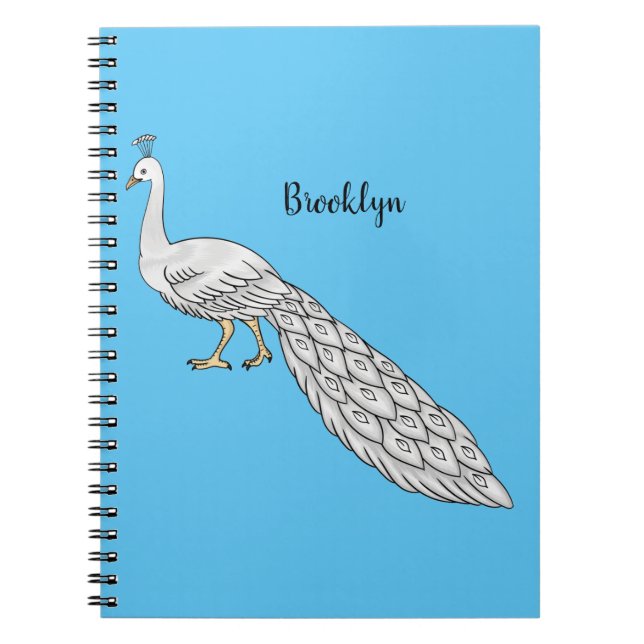 White peacock bird cartoon illustration  notebook (Front)