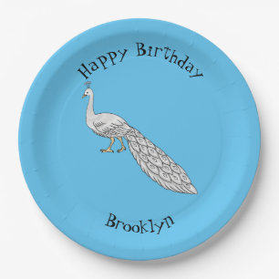 White peacock bird cartoon illustration paper plate