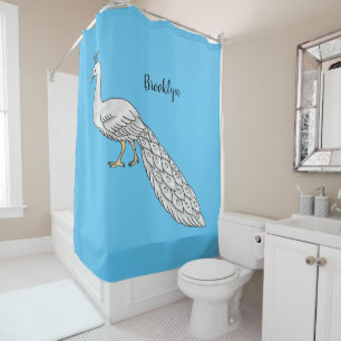 White peacock bird cartoon illustration shower curtain