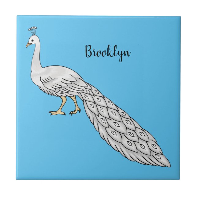 White peacock bird cartoon illustration  tile (Front)