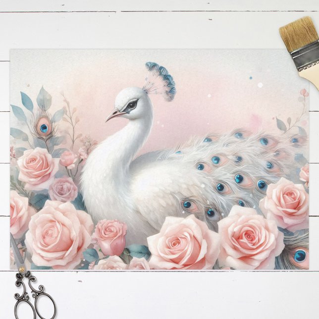White Peacock Blush Pink Roses Decoupage Tissue Paper (Creator Uploaded)