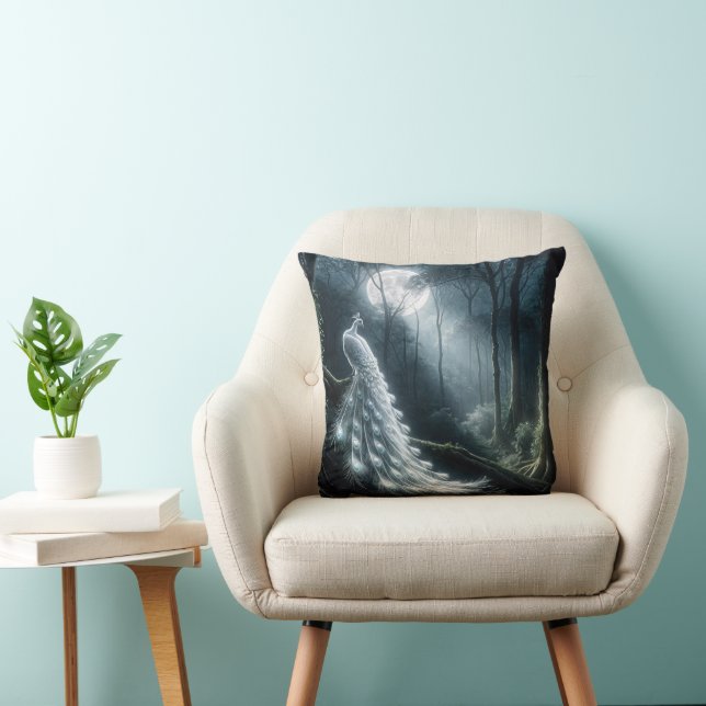 White Peacock In Moonlit Forest Cushion (Chair)