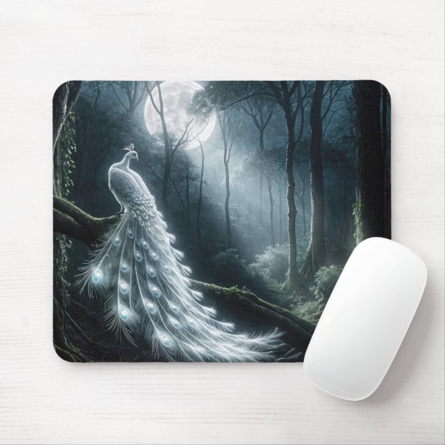 White Peacock In Moonlit Forest Mouse Mat (With Mouse)