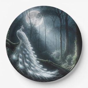 White Peacock In Moonlit Forest Paper Plate