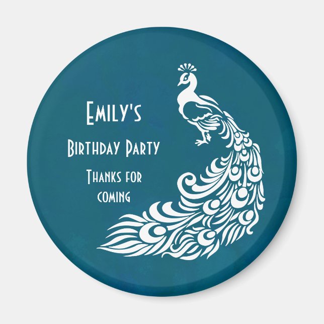 White Peacock on Teal Birthday Party Thank You Magnet (Front)