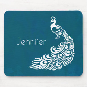 White Peacock on Teal Chic Stylish Art Deco Design Mouse Mat