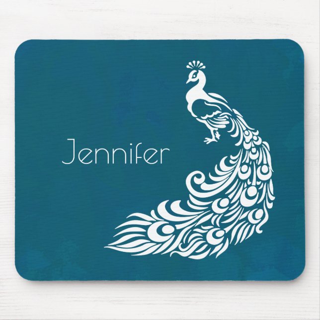 White Peacock on Teal Chic Stylish Art Deco Design Mouse Mat (Front)