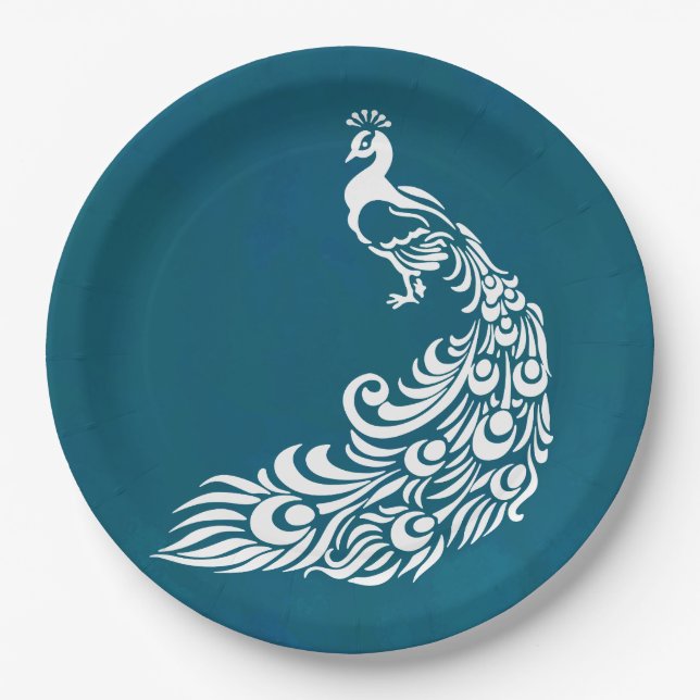 White Peacock on Teal Chic Stylish Art Deco Design Paper Plate (Front)