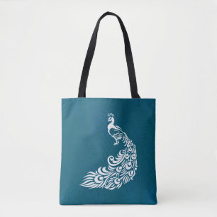 White Peacock on Teal Chic Stylish Art Deco Design Tote Bag