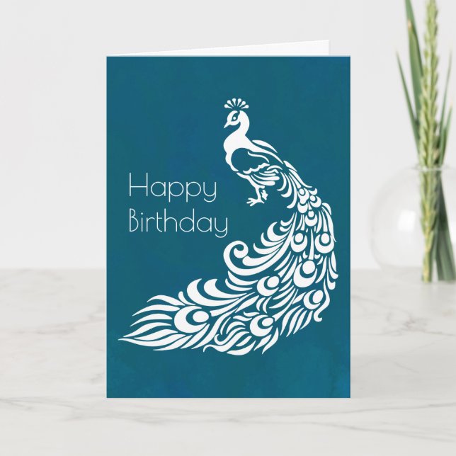 White Peacock on Teal Happy Birthday Card (Front)