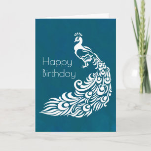 White Peacock on Teal Happy Birthday Card