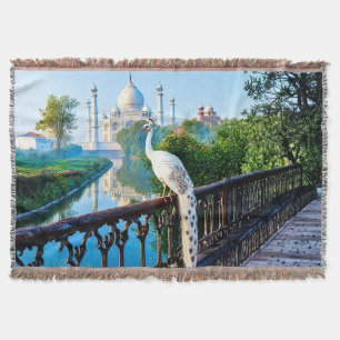 White Peacock Overlooking the Taj Mahal Throw Blanket