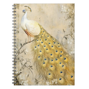 White peacock perched on a branch.   notebook
