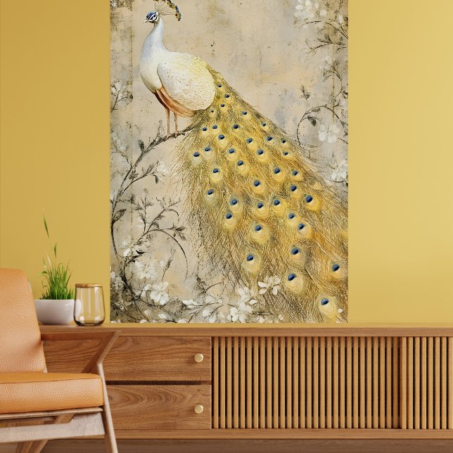 White peacock perched on a branch.   poster (Living Room 2)