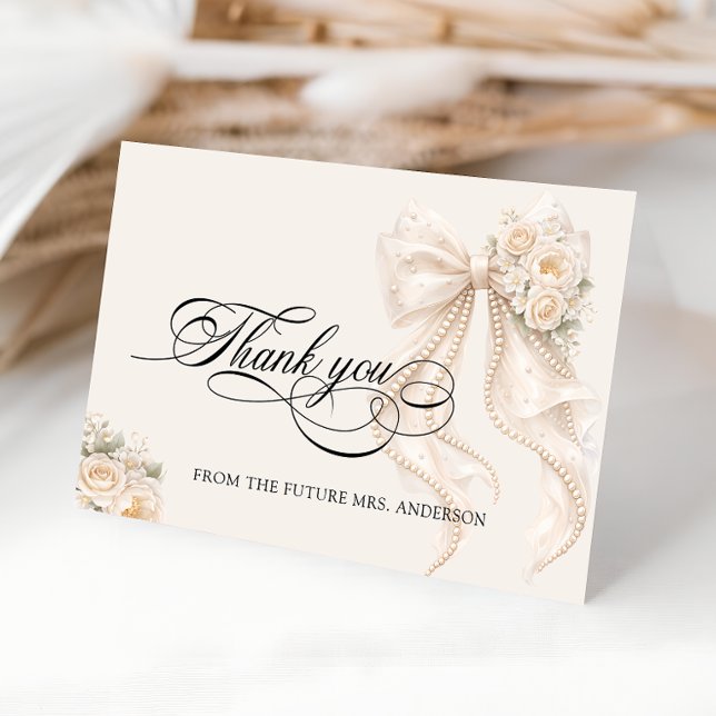 White Pearl Bow Bridal Shower Thank You Card (Creator Uploaded)