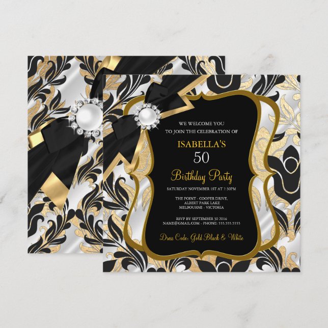 White Pearl Gold Bow Black Damask Birthday Invite (Front/Back)