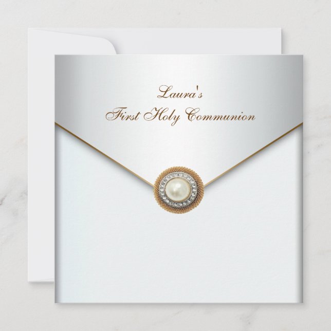 White Pearl Gold Girls First Holy Communion Invitation (Front)