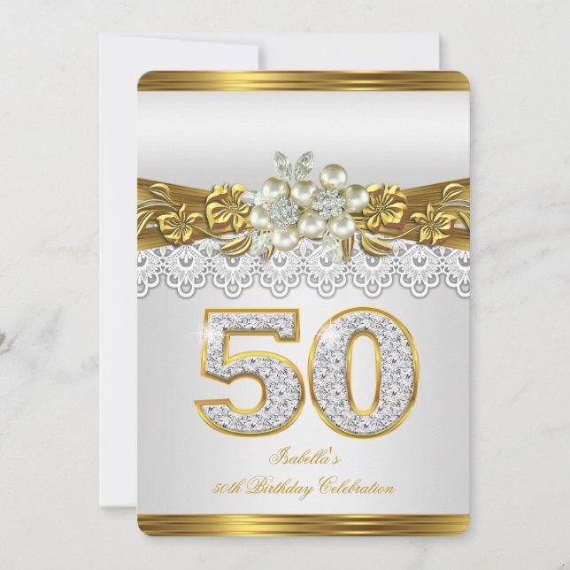 White Pearl Gold Lace Floral 50th Birthday Party Invitation (Front)