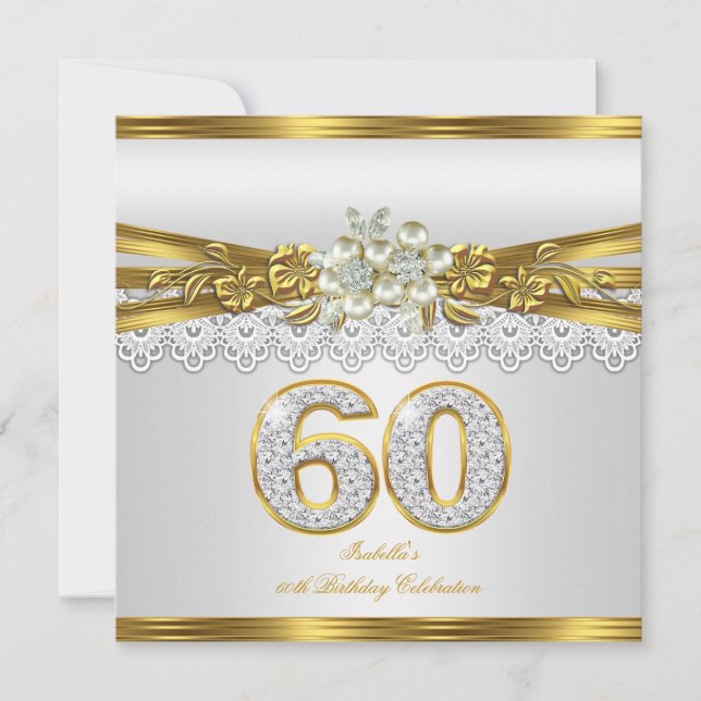 White Pearl Gold Lace Floral 60th Birthday Party Invitation (Front)
