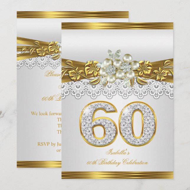 White Pearl Gold Lace Floral 60th Birthday Party Invitation (Front/Back)