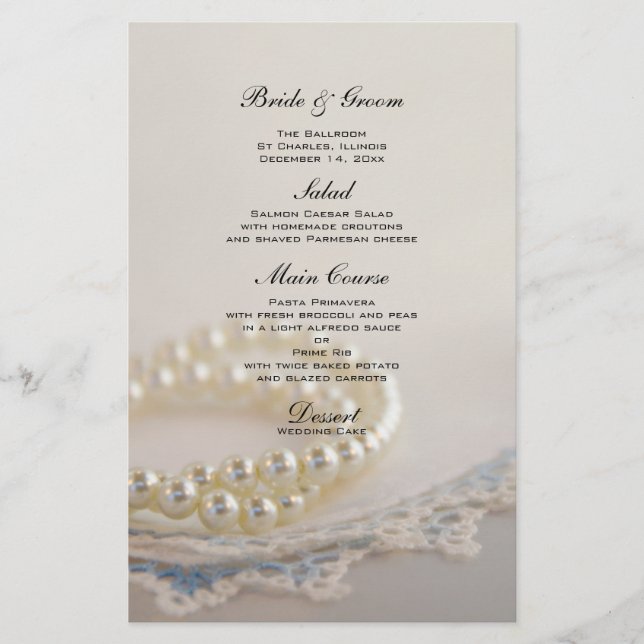 White Pearls and Blue Lace Wedding Menu (Front)