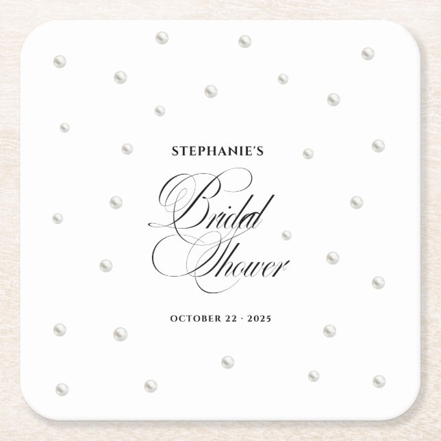 White Pearls Bridal Shower Square Paper Coaster (Front)