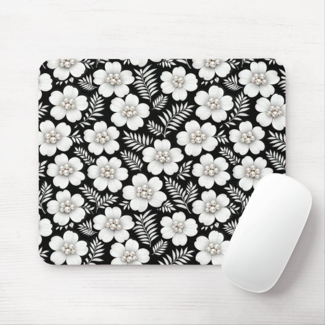 White Pearls in Flower Pattern Mouse Mat (With Mouse)