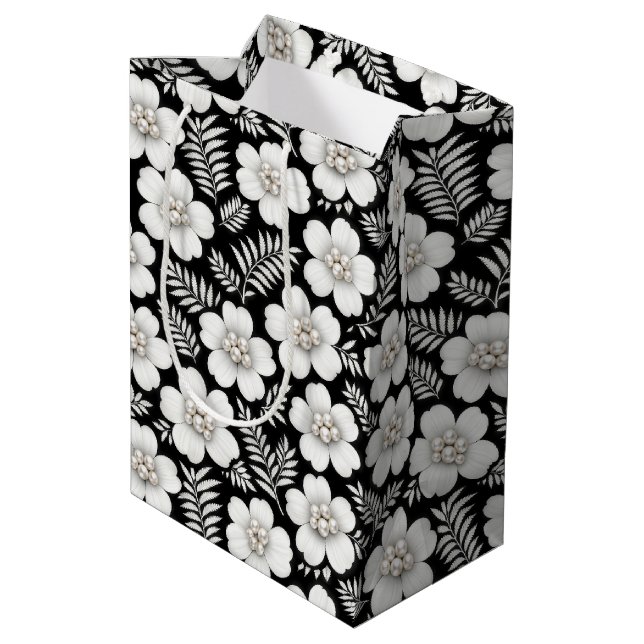 White Pearls in Flowers on Black Medium Gift Bag (Back Angled)