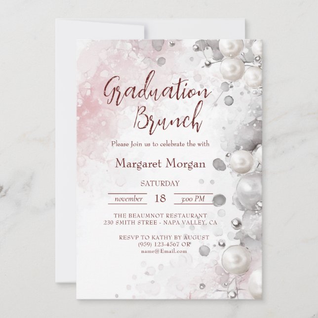 White Pearls Modern Pink Bridal Brunch Invitation (Front)