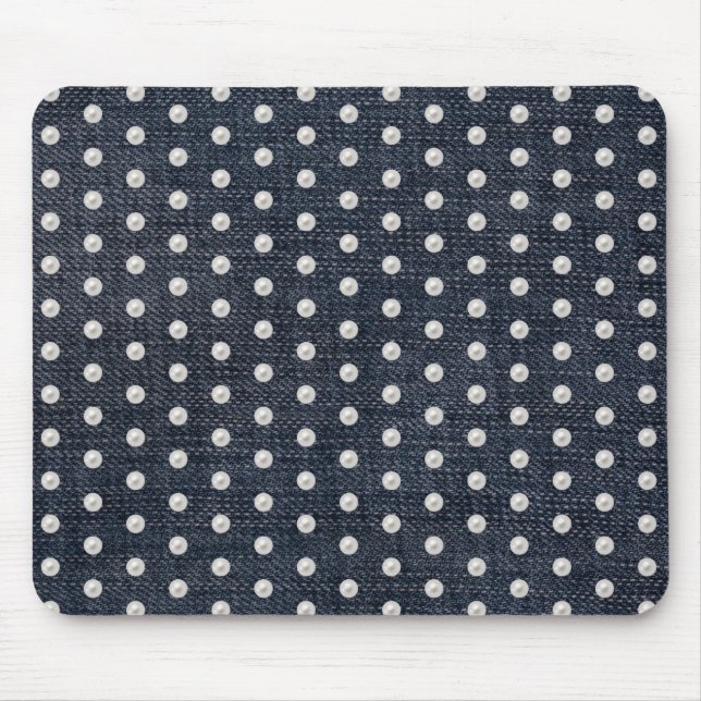 white pearls on blue denim mouse mat (Front)