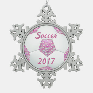 White Pearls on Pink Soccer Ball Snowflake Pewter Christmas Ornament