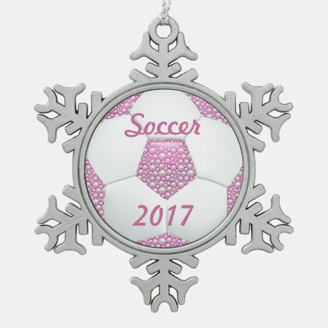 White Pearls on Pink Soccer Ball Snowflake Pewter Christmas Ornament (Front)
