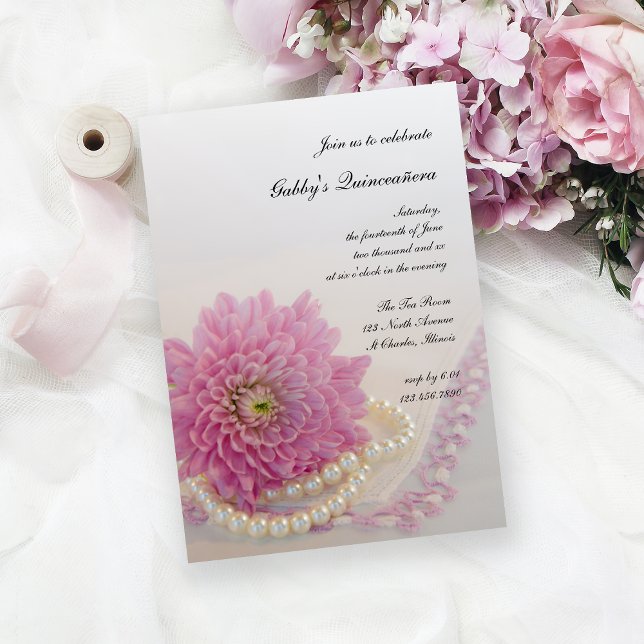 White Pearls Pink Flower Lace Quinceañera Party Invitation (Creator Uploaded)