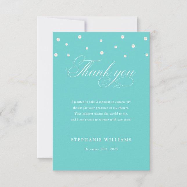 White Pearls Turquoise Bridal Shower Thank You Card (Front)