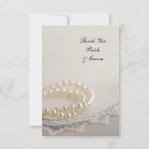 White Pearls Vintage Blue Lace Wedding Thank You Card